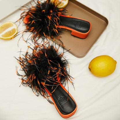 B-FEI feather slippers mid-heel color-blocked women's sandals-UCHIS.