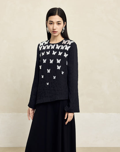 HECO butterfly beads embroidered round neck long sleeve top Women - CROWN.