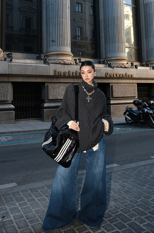 MEI SANGUAN gray loose turtleneck twist lazy over top sweater - HADLEY