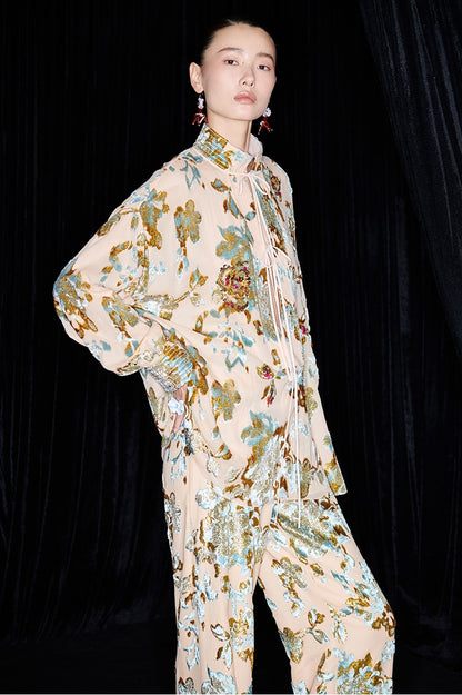 M essential Mackay designer brand Qili burnt flower velvet beads loose top - WORD.