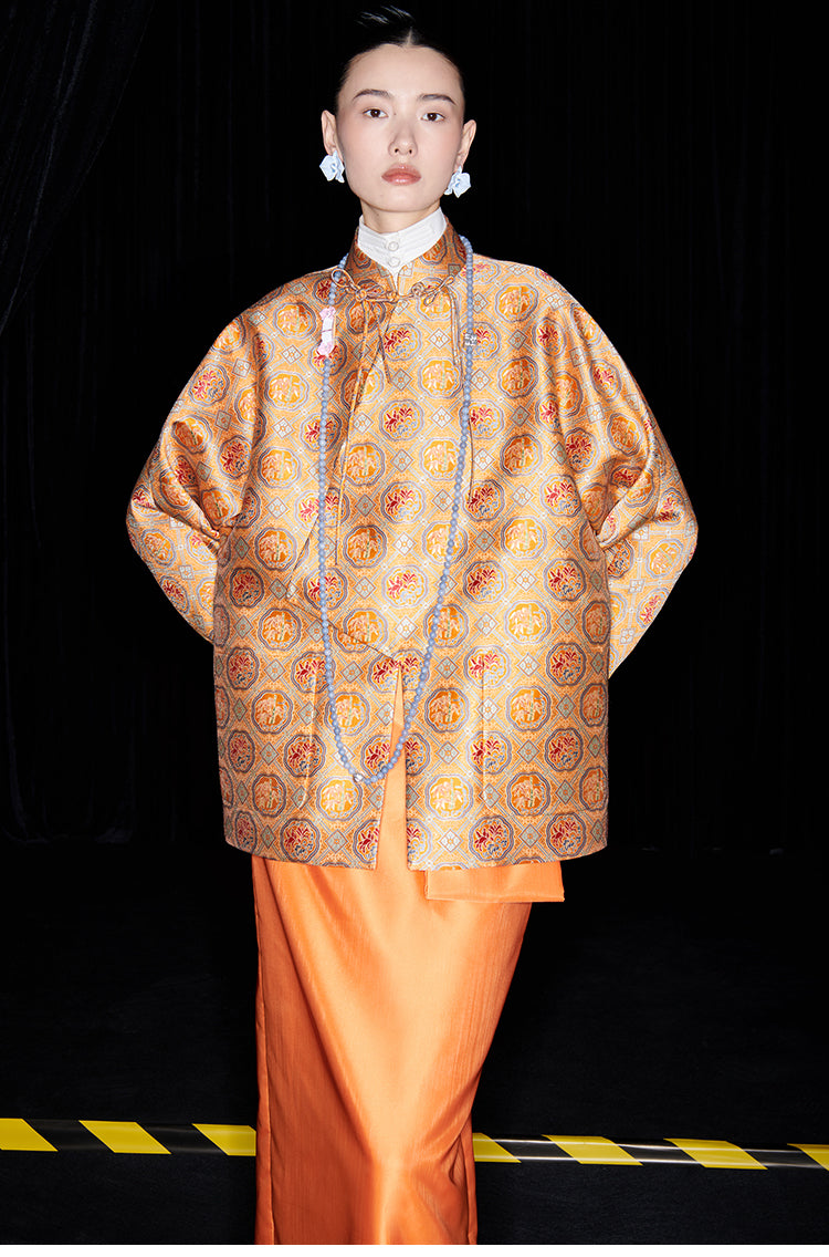 M essential Mackay designer halo stand-up collar jacket orange skirt suit  - Guaida.