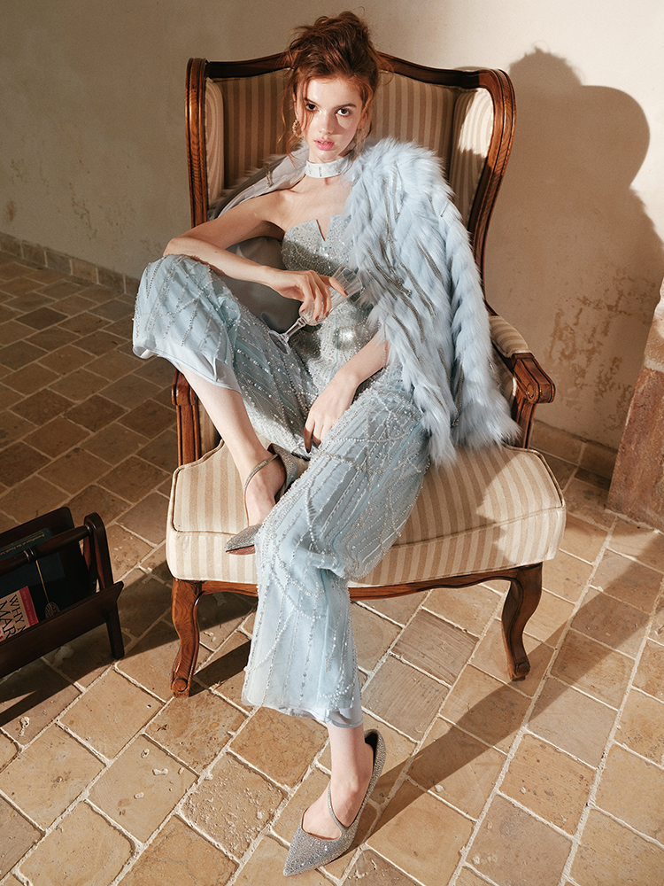 Wardrobes by Chen Luxury Diamond Chain Tassel Fur Coat/Beaded Jumpsuit-Divine