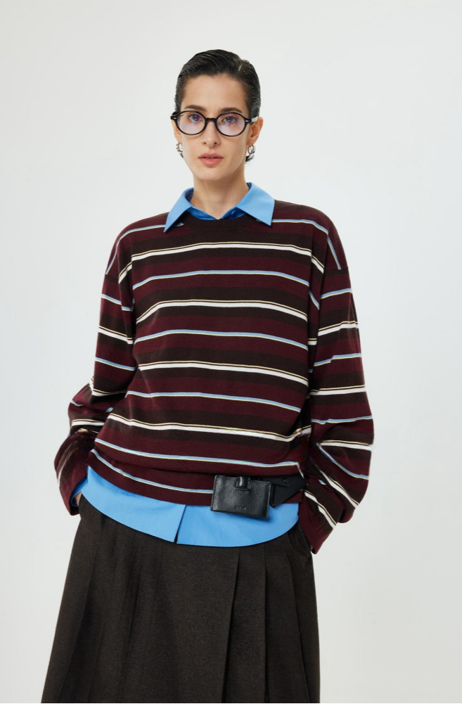 PIAOIN stripe design neutral loose long sleeve T-shirt silk wool knitwear spring-CIX