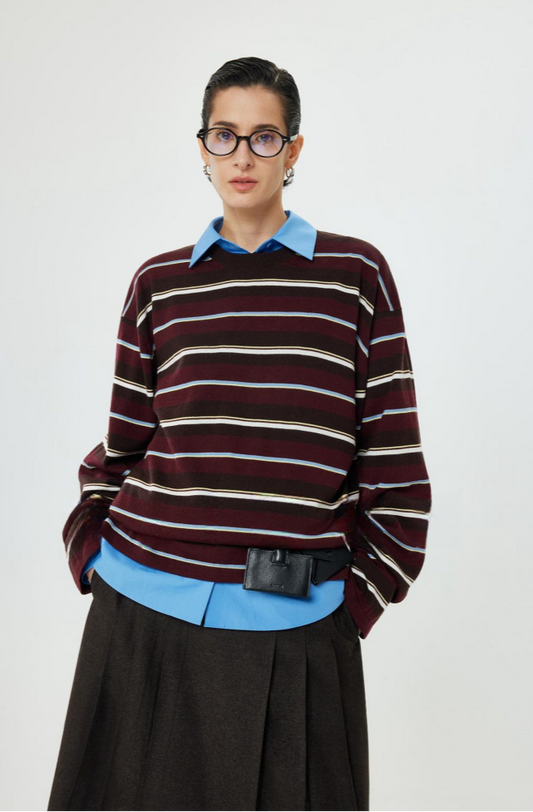 PIAOIN stripe design neutral loose long sleeve T-shirt silk wool knitwear spring-CIX