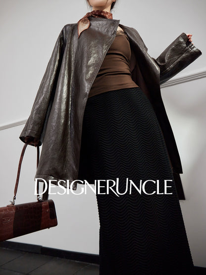 DGU "Obscure Shadow" Flower Coffee Haining Genuine Leather Retro Slimming Top - HEADS.