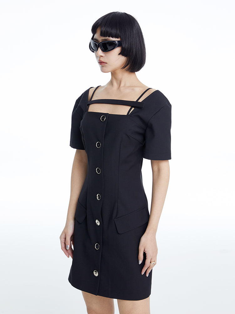 TINY IN dropped shoulders short sleeve square neck little black dress -JAJA