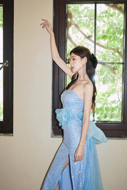 DOLLY Elegant Blue Flower Ribbon Tube Sequin Fish Tail Dinner Dress-LONE