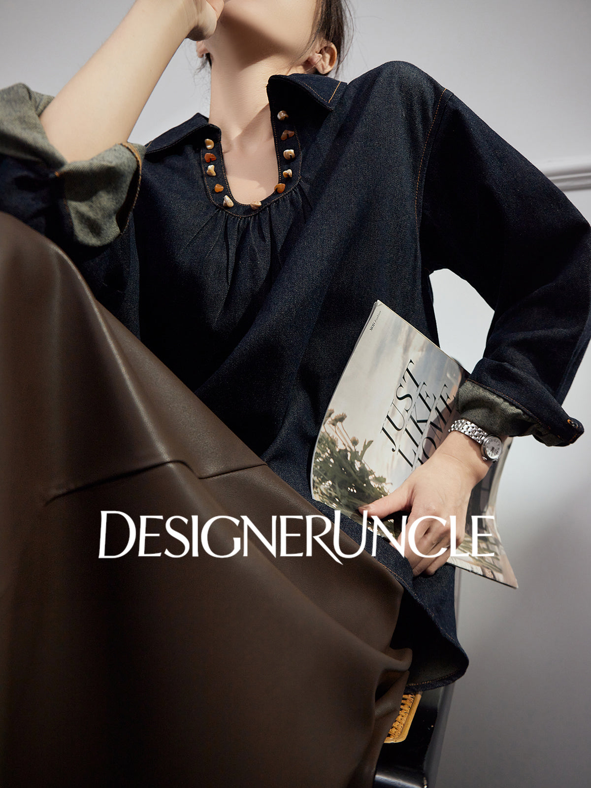 DGU "Fog Shadow" Denim New Retro Velvet Loose Slimming Commuter Top - SENT.