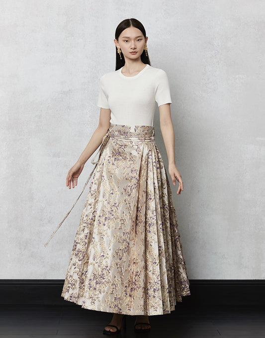 HECO high waist pleat blue purple green jacquard Embossed Skirt Women - king.