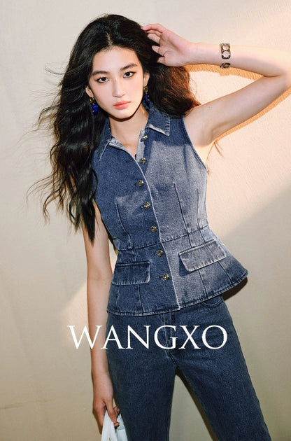 WANGXO Denim Suit Waist-Cinched Vest & Retro Flared Pants - VIOLA