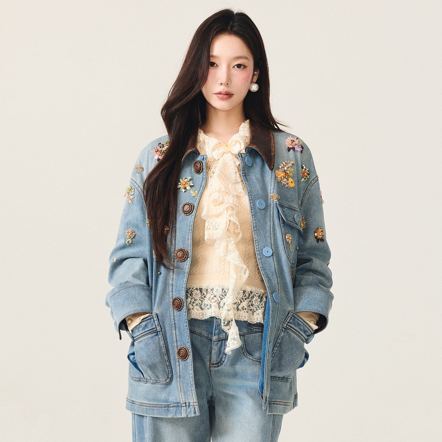 FAME Bahn-style floral beaded denim jacket  - LYLA
