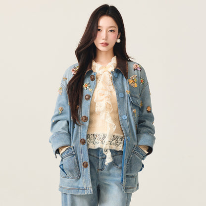 FAME Bahn-style floral beaded denim jacket  - LYLA