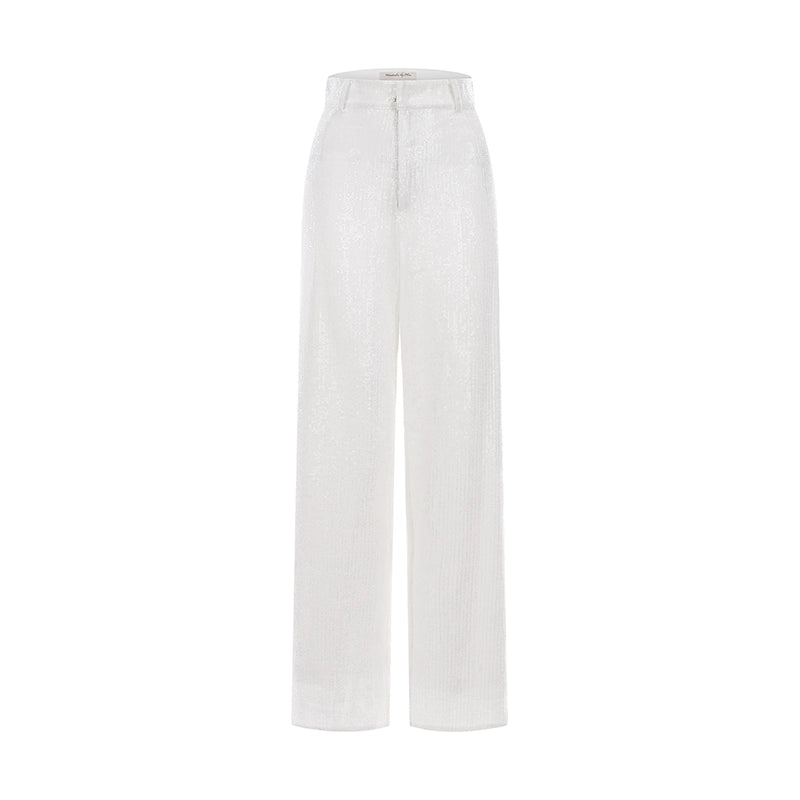 Wardrobes by Chen White sequin Strap Lace Loose Top High Waist Straight Pant-Lacey