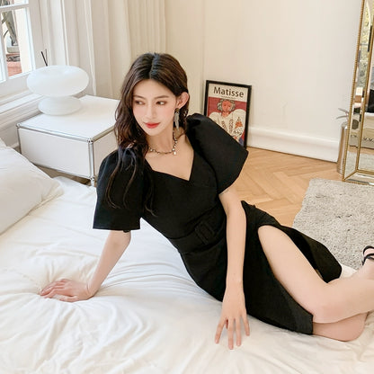 DOLLY Luxury Black Retro V-Neck Short Puff Sleeve Midi Luncheon Dress-SUSU