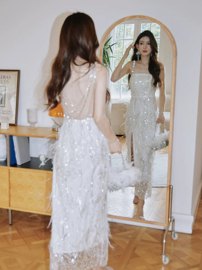 DOLLY Luxury White French Style Sleeveless Sequin Embroidered Long Slit Party Dress-Dalia