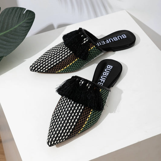 B-FEI  woven black tassel flat mules-DERY.