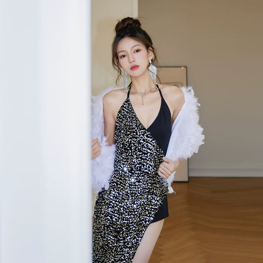 DOLLY Luxury Black Sleeveless Sequin Halter Neck Irregular Hem Sexy Cocktail Dress-ANASTASIA