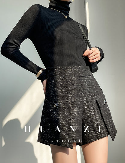 Huanzi yarn wool woven A-line high-waisted tweed shorts - mwaw