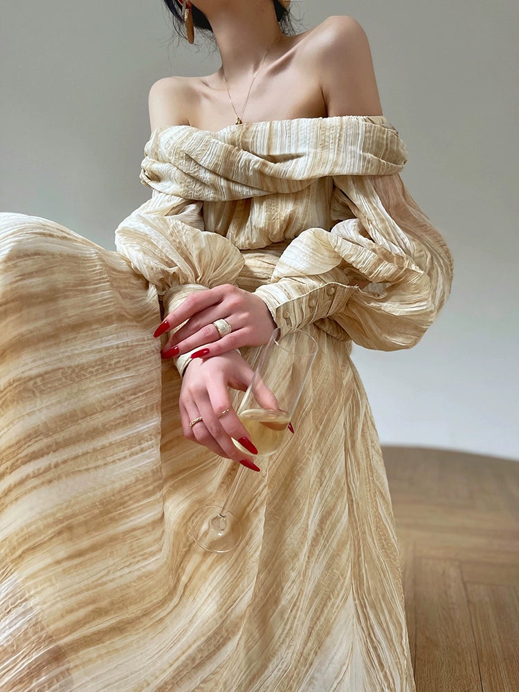 Aconiconi Elegant Wave Pattern Long Sleeve Loose Wedding Guest Dress- Dune