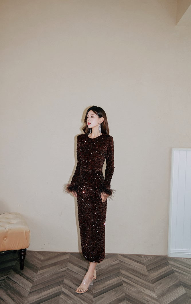 DOLLY Elegant Retro Style Crew Neck Long Sleeve Sequin Long Banquet Dress-TANIA