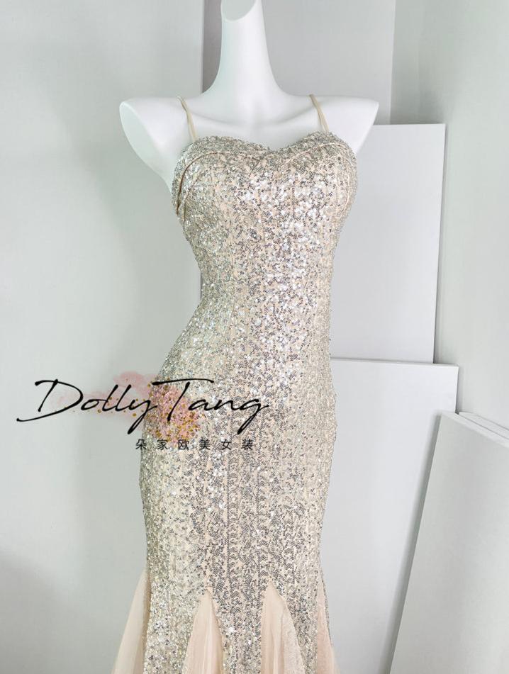 DOLLY Elegant Deep V-Neck Sleeveless Sequin Mesh Long Cocktail Dress-JUSTINA