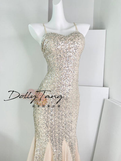 DOLLY Elegant Deep V-Neck Sleeveless Sequin Mesh Long Cocktail Dress-JUSTINA