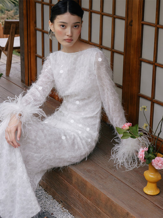 GOUDINRQC Niche light luxury, high-end long sleeve evening dress - jade!