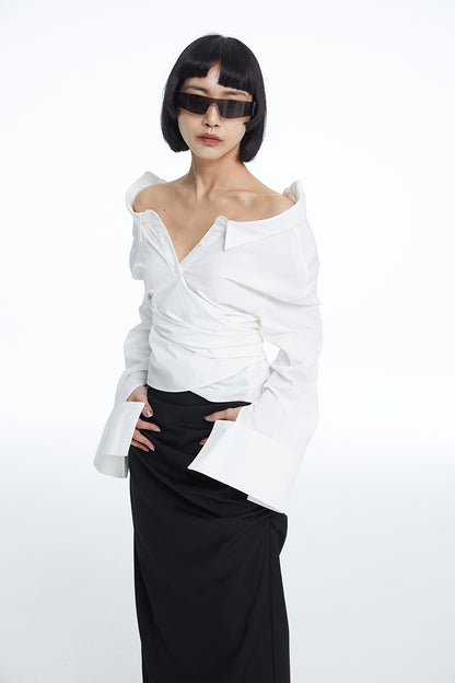 TINY IN white lace-up shirt one and two wear off-the-shoulder loose shirt -MEL