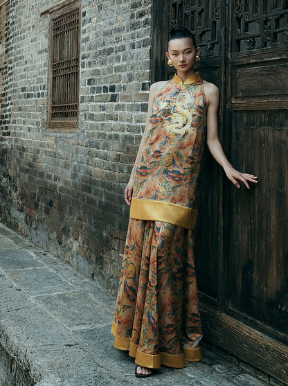 HECO Chinese Stand Collar Color-Blocked Golden Dragon Embroidery Dress - ZIPH