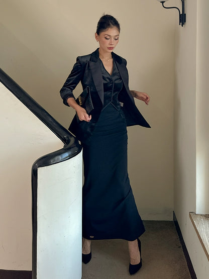 Le Palais Vintage Elegant Retro Black Velvet Stylish Three Piece Suit Set-LISI.