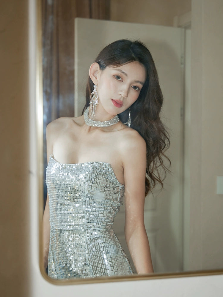 DOLLY Luxury Sleeveless Sequin Tube Top High Waist Feather Fish Tail Midi Cocktail Dress-BROOKE