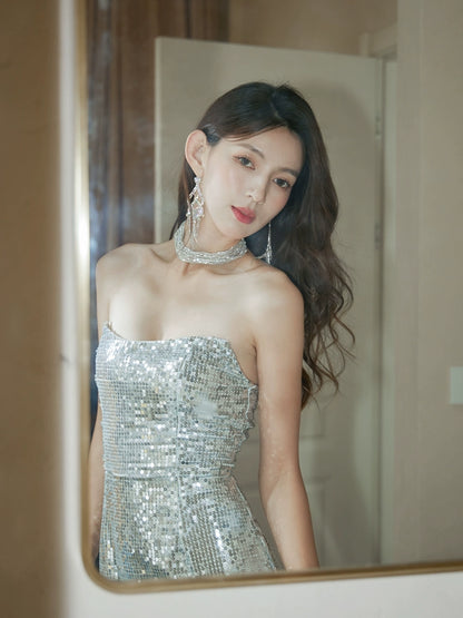 DOLLY Luxury Sleeveless Sequin Tube Top High Waist Feather Fish Tail Midi Cocktail Dress-BROOKE