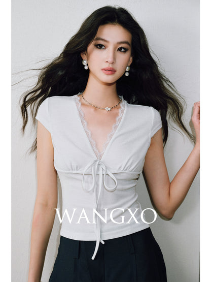 WANGXO | Sparkling Silk High-Density Knit Hand-Shaped Lace Detail V-Neck Slim Fit Top -NOYA