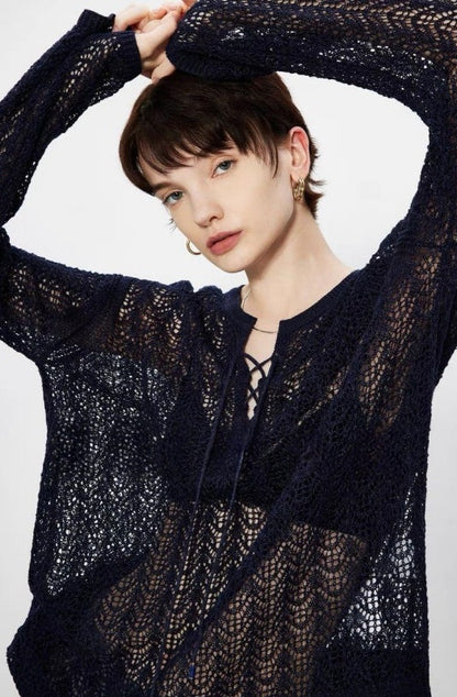 PIAOIN light luxury cut-out lace-up yarn knitted blouse women's loose Tencel jacket -WILLOW