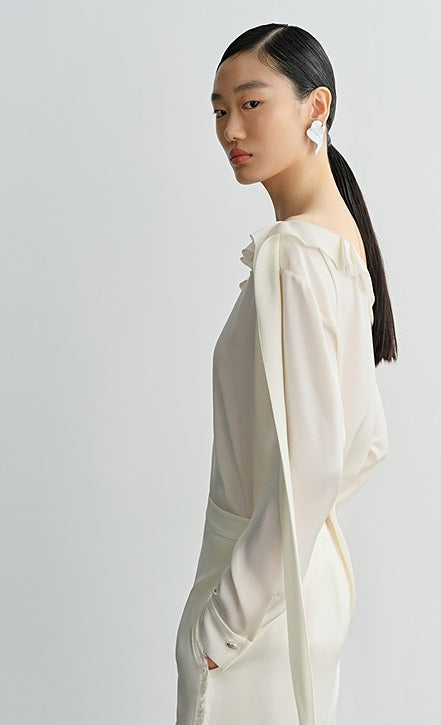 COMME MOI Lv Yan designer summer slanted lace top off-the-shoulder light shirt pants - ROMEO.