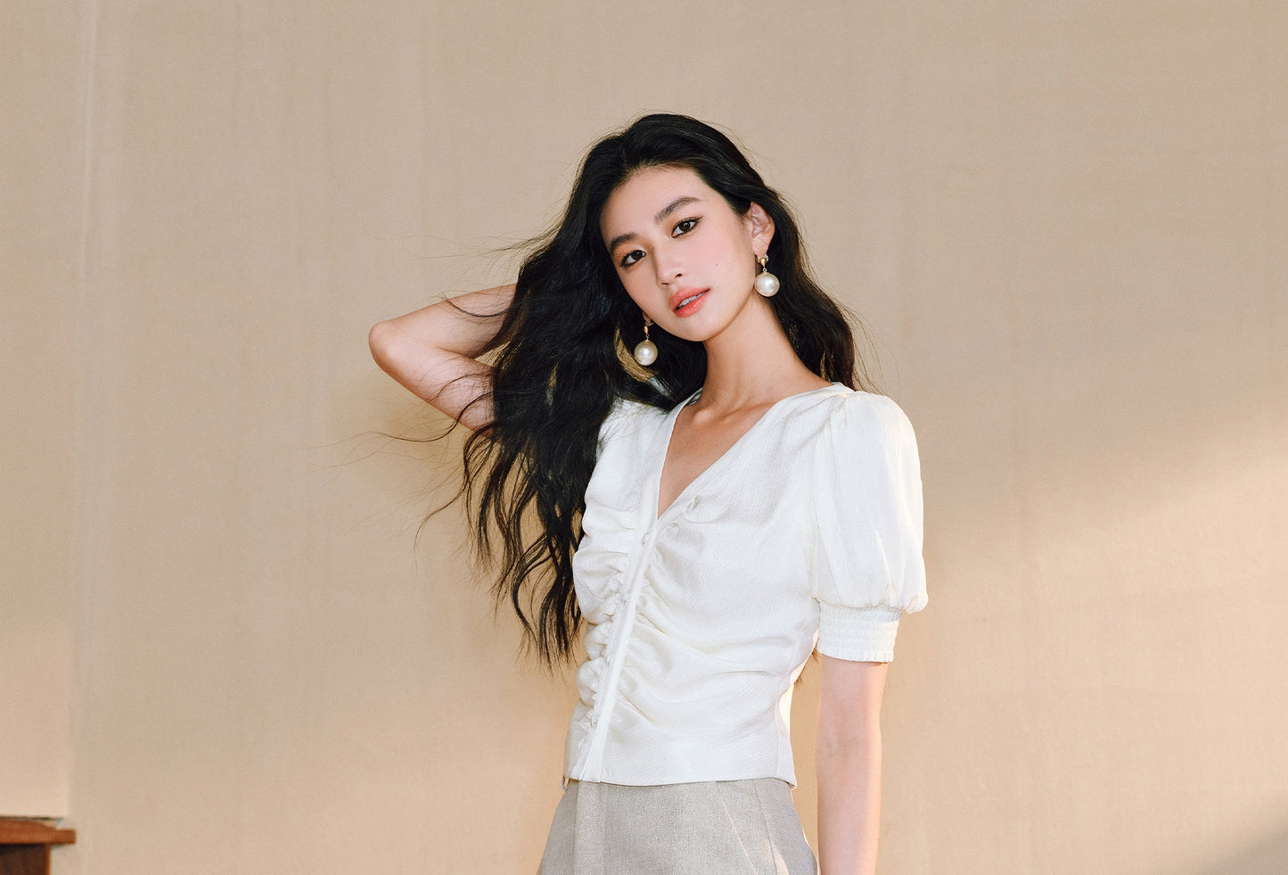 WANGXO Lumina Silk Satin Twill V-Neck Puff Sleeve Top - REYNA.