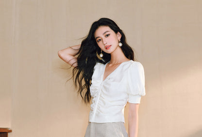 WANGXO Lumina Silk Satin Twill V-Neck Puff Sleeve Top - REYNA.