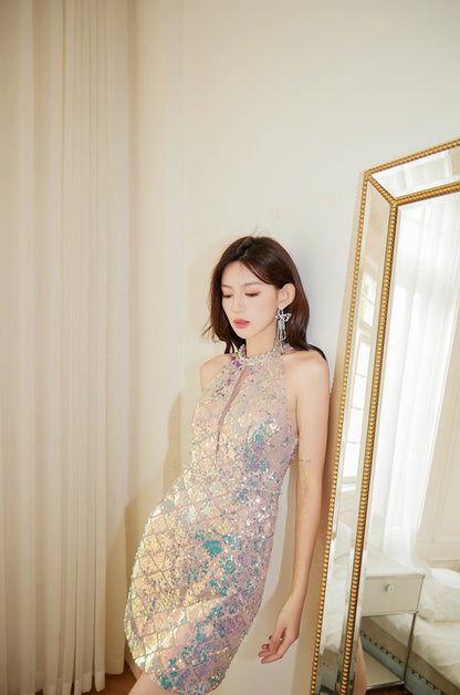 DOLLY High End Rainbow Sleeveless Bright Sequin Halter Neck Party Dress-NELLY