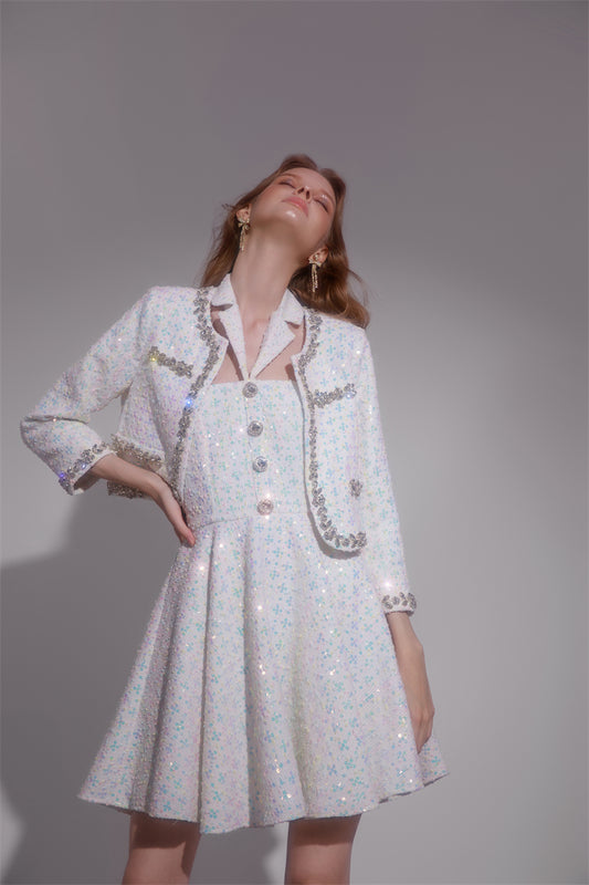 Wardrobes by Chen Luxury White Jacket/Sleeveless Embroidery sequin tweed Dress-Khris