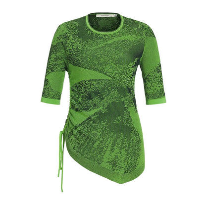 ZHUCHONGYUN Summer Green Drawstring Crew Neck Mid-Sleeve Knit Top-ARIANA.