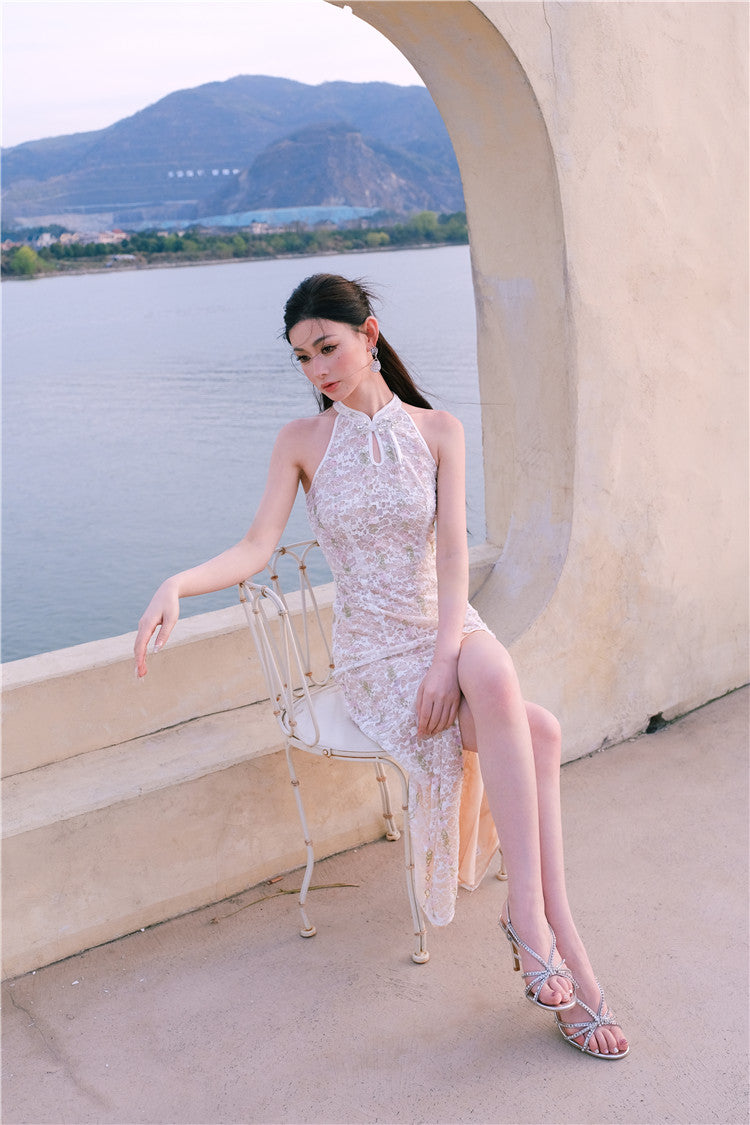 Wardrobes by Chen Elegant Beige Sleeveless Embroidered Crystal Bead Dress - Gilbert