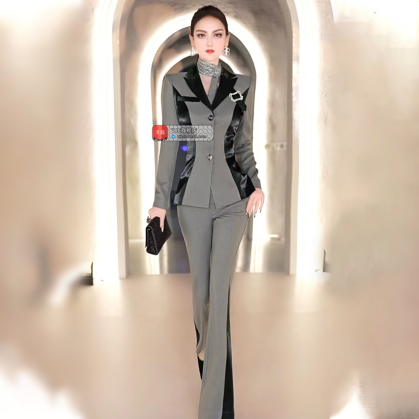 VJE  Color-Blocking Suit Micro Flared Pants Two-Piece Set - YUN.