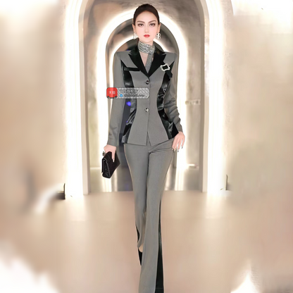 VJE  Color-Blocking Suit Micro Flared Pants Two-Piece Set - YUN.