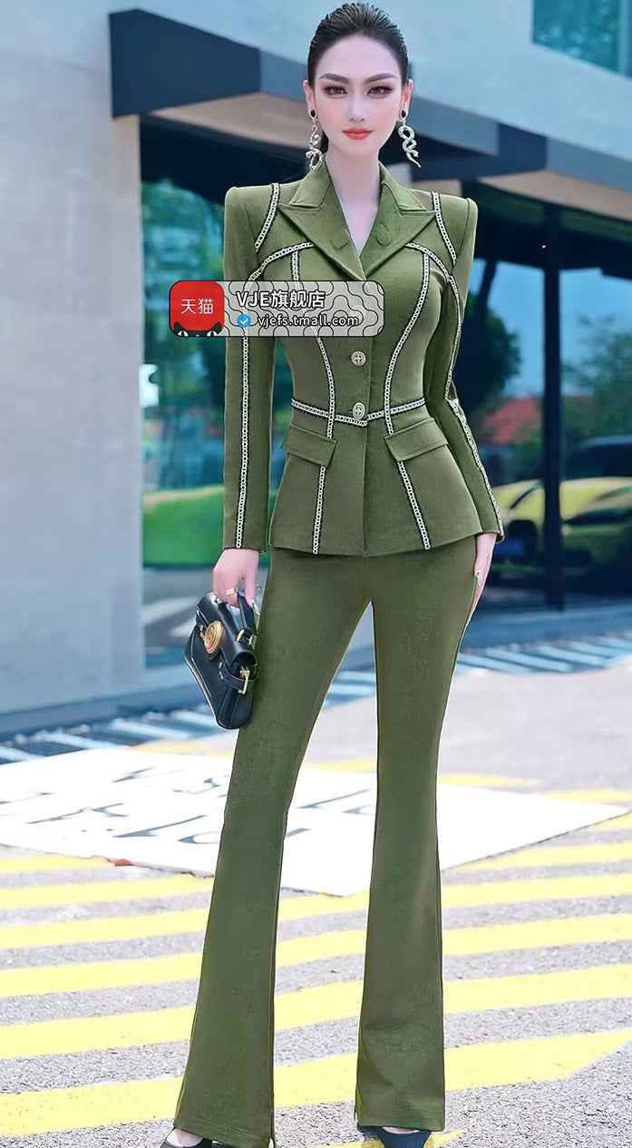 VJE  Denim Suit Webbing Jacket Micro Flared Pants Two-Piece Set - OPO.