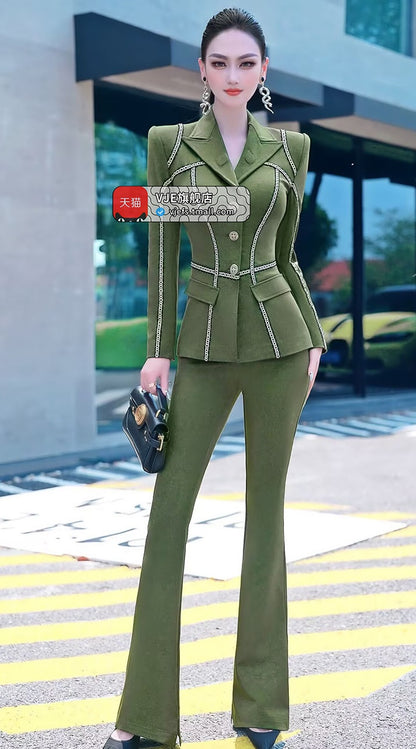 VJE  Denim Suit Webbing Jacket Micro Flared Pants Two-Piece Set-OPO.