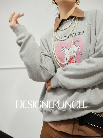 DGU×LAB "Airspace" gray crew neck loose lazy style printed top - HOLY