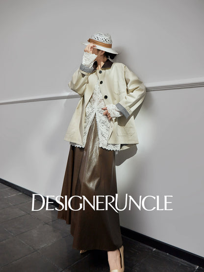 DGU| Off-white trench niche design plaid patchwork lapel long-sleeved jacket - PRAISES.