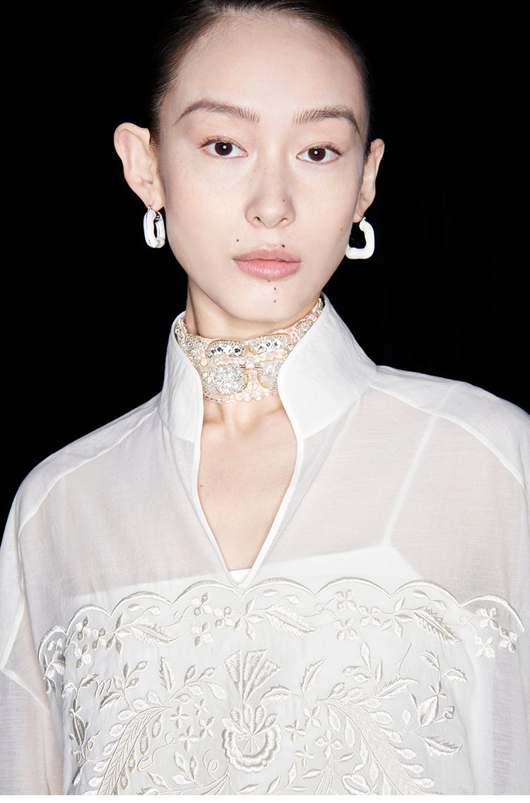 M essential Mackay designer soft-paper pale overshirt with pavement embroidery - serious.