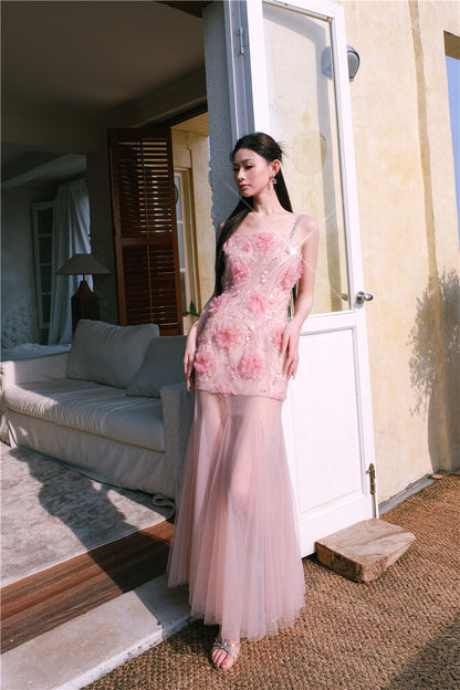 Wardrobes by Chen High End Pink Sleeveless Flower applique Sequin Dress-Bena