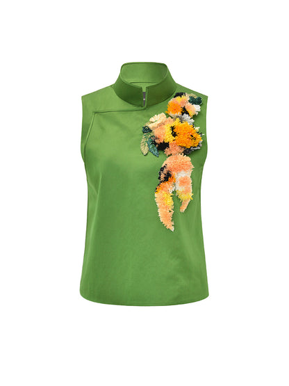 M essential Mackay designer Emerald Green Silk Anemone Raffia Embroidery Vest - jack.